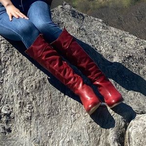 Red Leather Boots chunky Heels